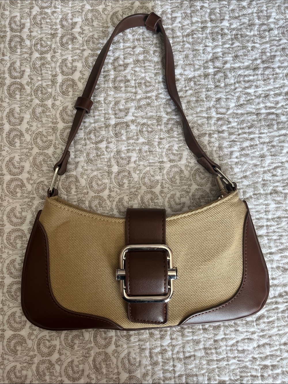 Brown & Cream Shoulder Bag with Silver Buckle